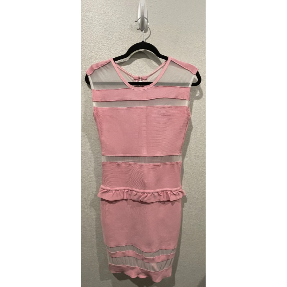HERVE LEGER Sleeveless Mesh Pink Ruffle Bodycon Mini Dress